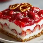 Strawberry Pretzel Salad with three layers — pretzel crust, creamy filling, and bright strawberry gelatin topping.