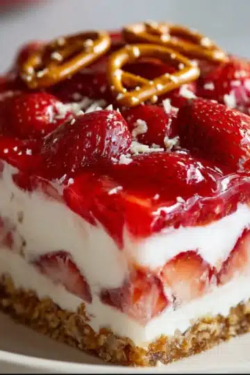 Strawberry Pretzel Salad with three layers — pretzel crust, creamy filling, and bright strawberry gelatin topping.