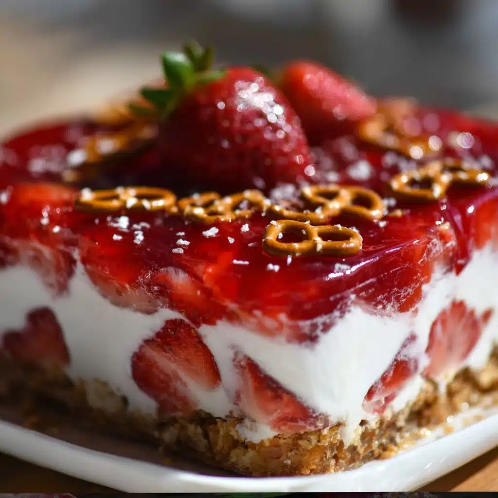 Strawberry Pretzel Salad with three layers — pretzel crust, creamy filling, and bright strawberry gelatin topping.
