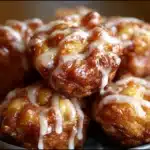 Warm baked apple fritters with vanilla glaze on a cooling rack