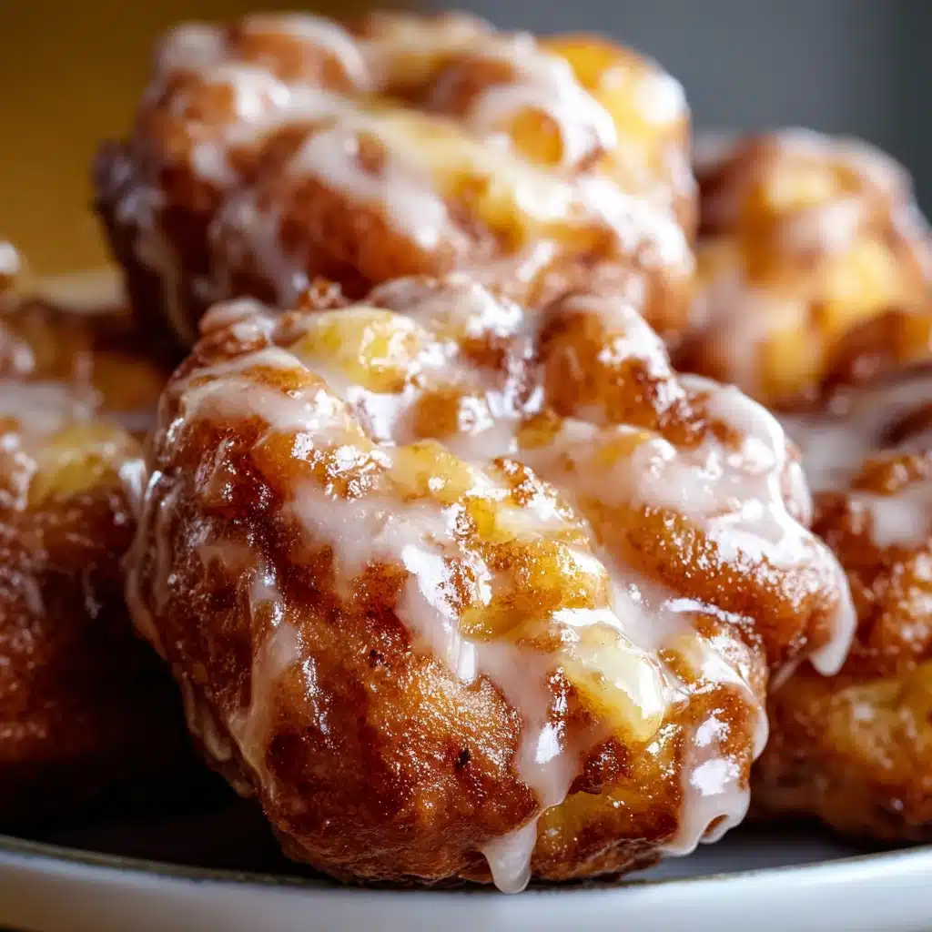 Warm baked apple fritters with vanilla glaze on a cooling rack