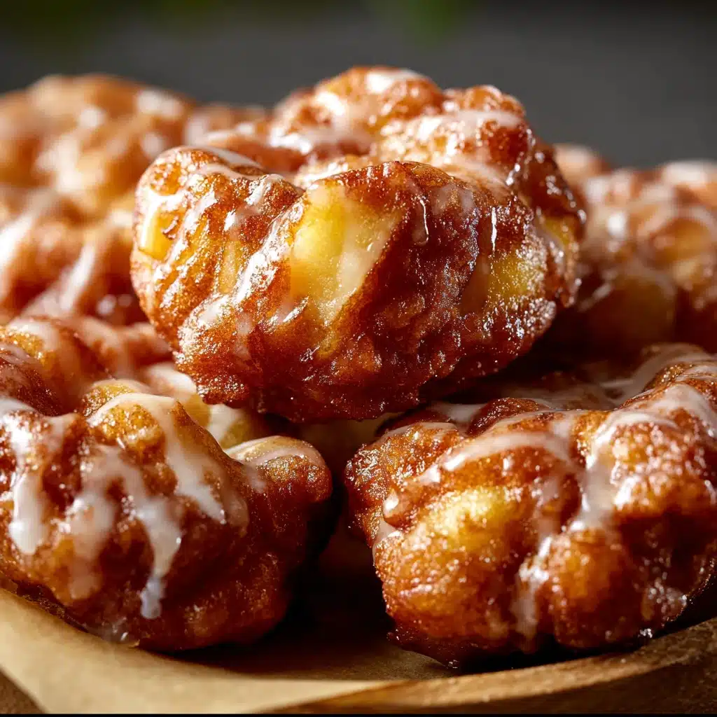 Warm baked apple fritters with vanilla glaze on a cooling rack