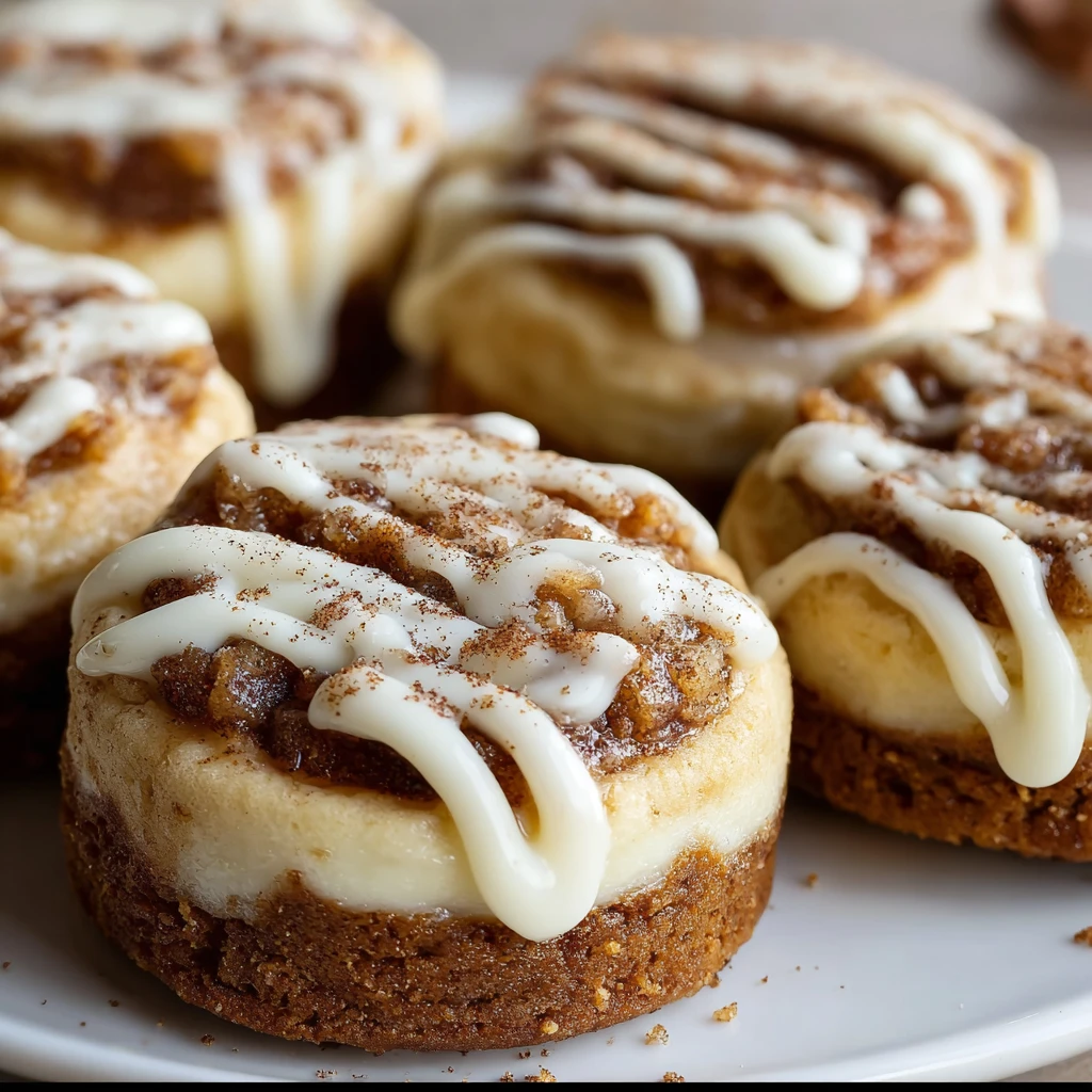 Close-up of soft cinnamon roll cheesecake cookies with creamy filling and cinnamon swirl drizzle.