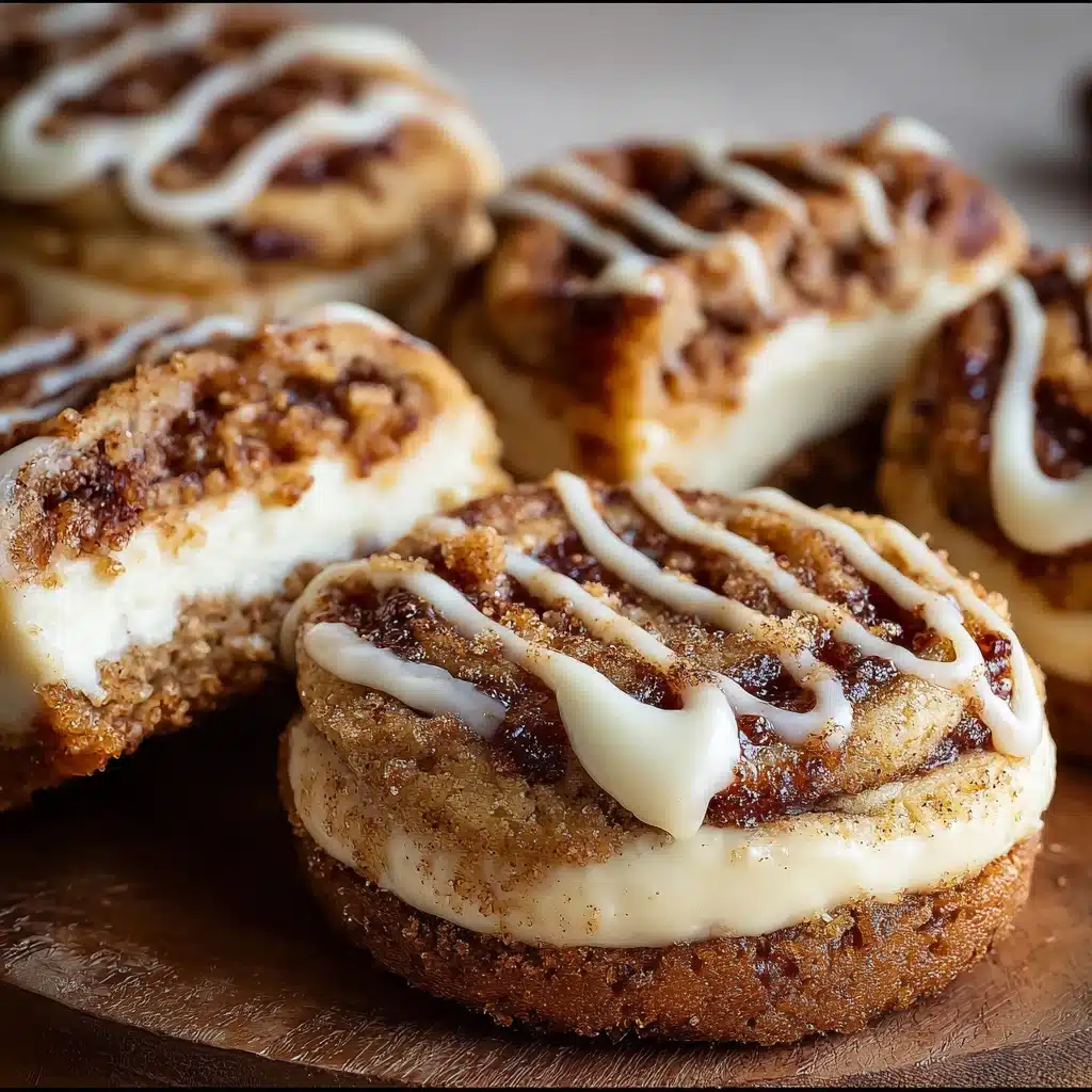 Close-up of soft cinnamon roll cheesecake cookies with creamy filling and cinnamon swirl drizzle.