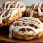 Close-up of soft cinnamon roll cheesecake cookies with creamy filling and cinnamon swirl drizzle.