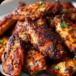 Crispy baked chicken wings on a wire rack, golden brown and crunchy