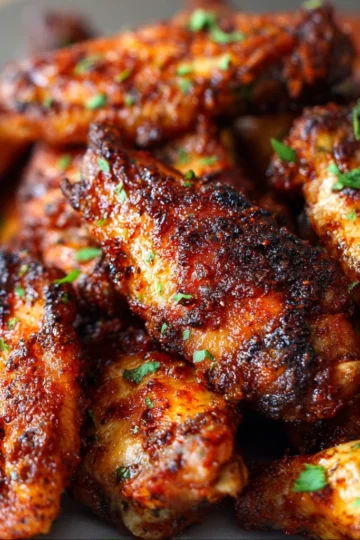 Crispy baked chicken wings on a wire rack, golden brown and crunchy