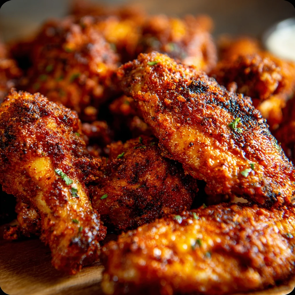 Crispy baked chicken wings on a wire rack, golden brown and crunchy
