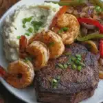 Steak and Shrimp with Red Skin Mashed Potatoes and Peppers and Onions
