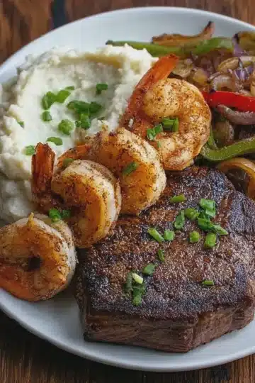 Steak and Shrimp with Red Skin Mashed Potatoes and Peppers and Onions