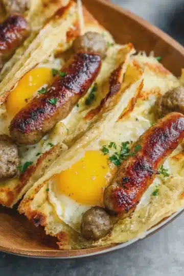 French Toast Sausage and Egg Tacos