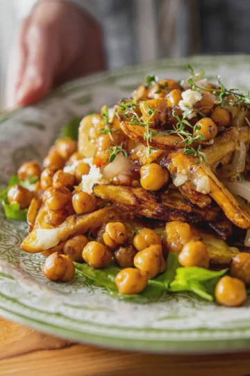 Garlic Vinegar Chickpeas with Crispy Potato Strips