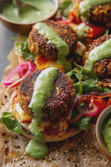 Crispy Sesame Falafel Melts with Garlicky Green Tahini