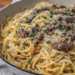 Garlic Butter Beef Spaghetti with Parmesan Cheese Sauce