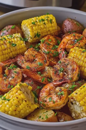 Slow Cooker Cajun Shrimp Boil with Potatoes, Sweet Corn and Garlic Butter