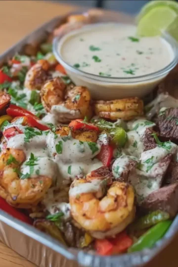 Shrimp and Steak Fajita Bowl with Creamy Sauce