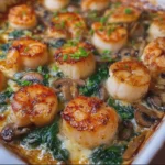 Baked Scallops and Shrimp with Mushrooms and Spinach