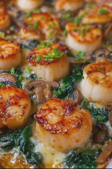 Baked Scallops and Shrimp with Mushrooms and Spinach