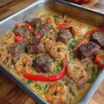 Garlic Steak and Shrimp with Peppers in Creamy Sauce