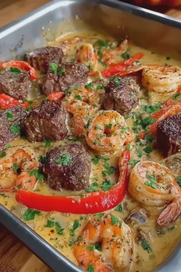 Garlic Steak and Shrimp with Peppers in Creamy Sauce