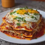 New Mexico Style Stacked Red Chile Enchiladas with Fried Eggs