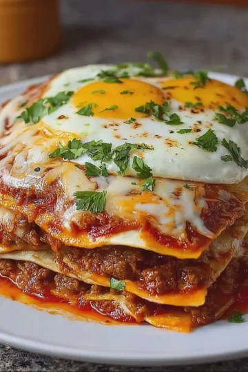 New Mexico Style Stacked Red Chile Enchiladas with Fried Eggs