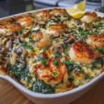 Low Carb Creamy Baked Seafood with Spinach and Mushrooms