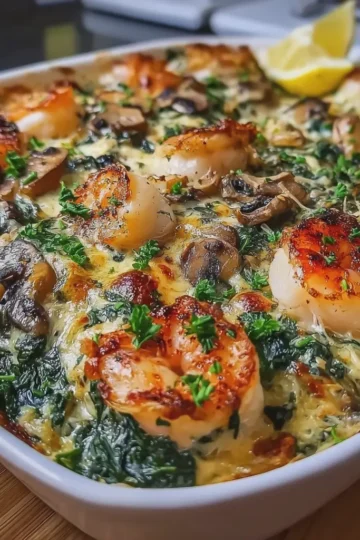 Low Carb Creamy Baked Seafood with Spinach and Mushrooms