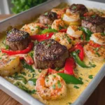 Garlic Butter Steak and Shrimp with Bell Peppers in Creamy Parmesan Sauce