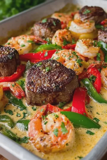 Garlic Butter Steak and Shrimp with Bell Peppers in Creamy Parmesan Sauce