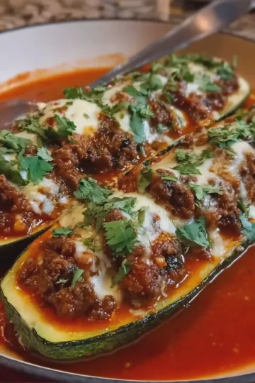 Mexican Beef Stuffed Zucchini in Red Sauce