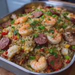 Seafood Dirty Rice with Shrimp, Crab, and Smoked Beef Sausage
