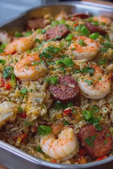 Seafood Dirty Rice with Shrimp, Crab, and Smoked Beef Sausage