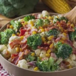 Creamy Broccoli, Cauliflower, Corn and Turkey Bacon Salad