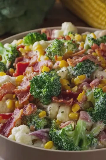 Creamy Broccoli, Cauliflower, Corn and Turkey Bacon Salad