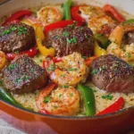 Juicy Garlic Butter Steak and Shrimp with Bell Peppers in Creamy Garlic Sauce