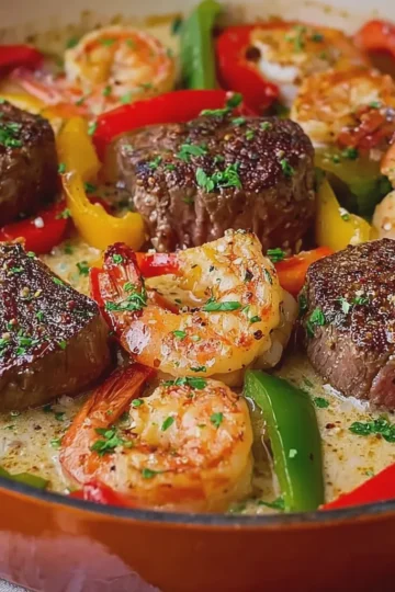 Juicy Garlic Butter Steak and Shrimp with Bell Peppers in Creamy Garlic Sauce